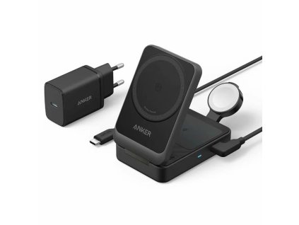 Anker – bezdrôtová nabíjacia stanica MagGo 3v1 Qi2 pre Apple, 15 W, USB-C nabíjačka a kábel – čierny