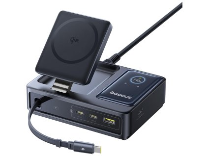 Baseus – nabíjacia stanica Nomos MagSafe, Type-C, digitálny displej, 5v1, 140 W – čierna