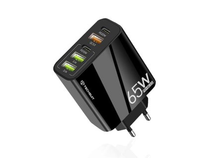 Techsuit – prémiová sieťová nabíjačka PentaXPower, 3× USB QC 3.0, 2× Type-C PD (20 W, 65 W), GaN, Quick Charge – čierna