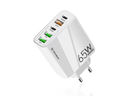 Techsuit – prémiová sieťová nabíjačka PentaXPower, 3× USB QC 3.0, 2× Type-C PD (20 W, 65 W), GaN, Quick Charge – biela