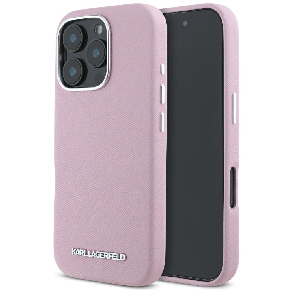 Karl Lagerfeld - Saffiano Full Wrapped MagSafe puzdro s predĺženým kovovým logom pre iPhone 16 Pro Max - ružové KF2354596