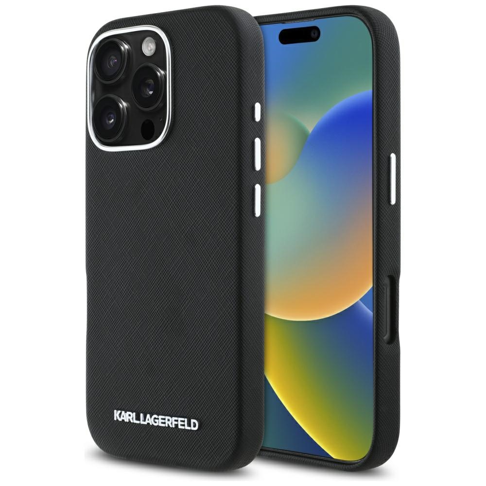 Karl Lagerfeld - Saffiano Full Wrapped MagSafe puzdro s predĺženým kovovým logom pre iPhone 16 Pro - čierne KF2354593
