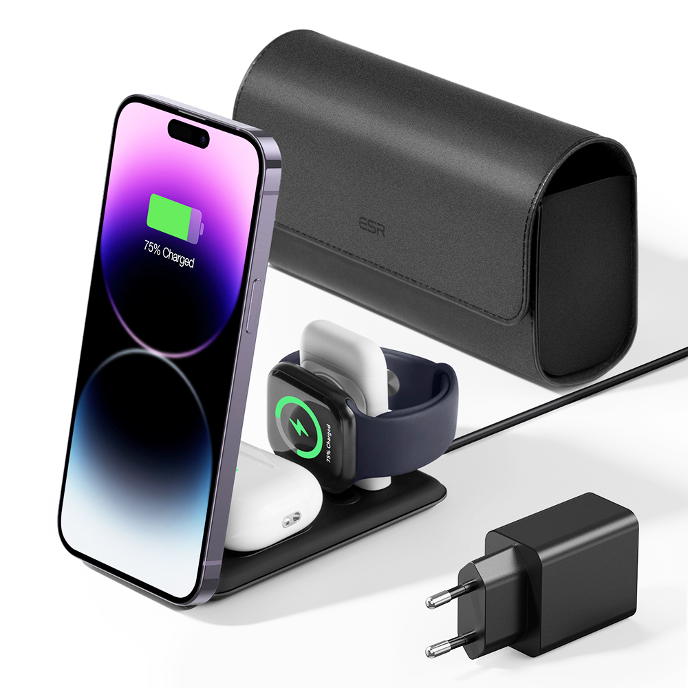 ESR - Premium 3in1 Travel Wireless Charging Set (2C569) - with Bag Accessories, for iPhone, MFi Apple Watch, AirPods, Qi2 15W - Black KF2346495