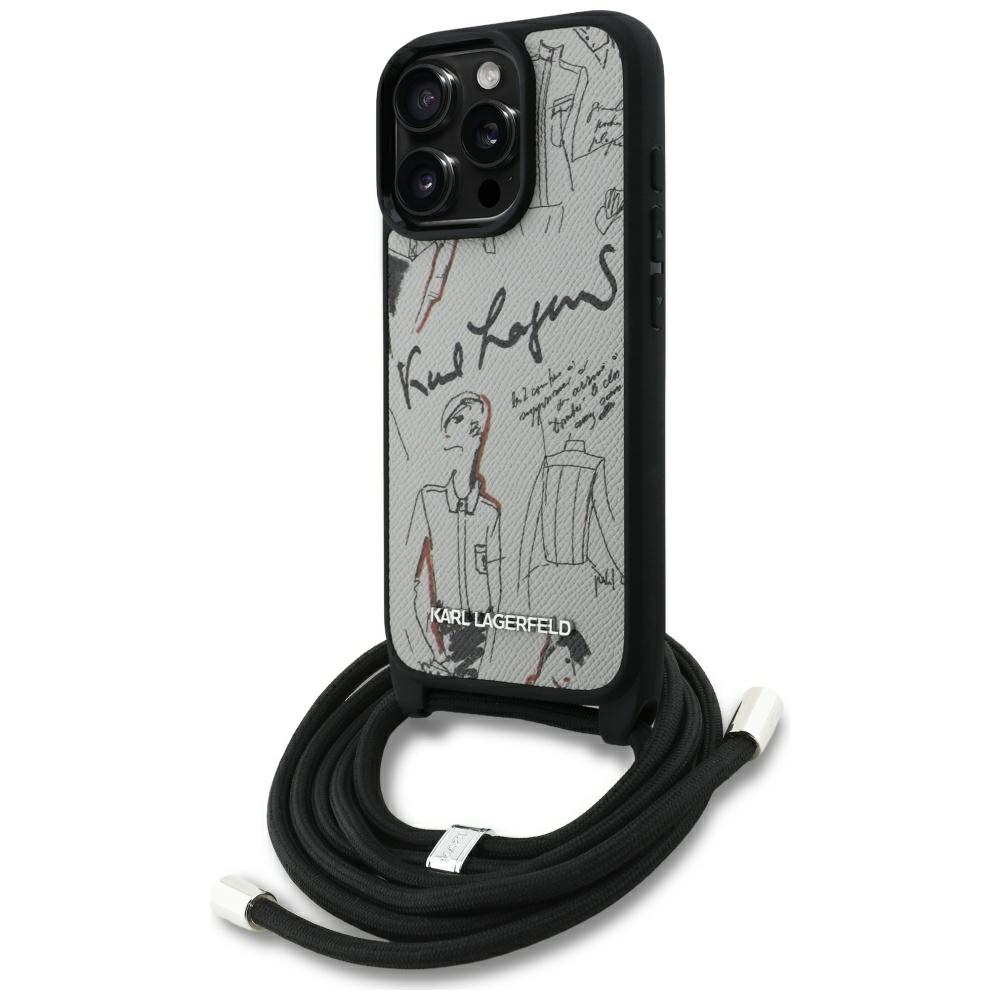 Karl Lagerfeld - Saffiano MagSafe Crossbody obal na iPhone 16 Pro - sivý KF2356170