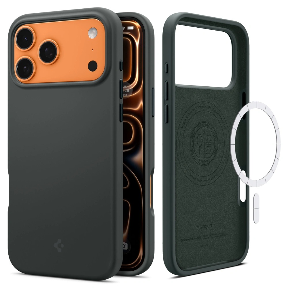 Spigen – Silicone Fit MagSafe ochranný obal na iPhone 17 Pro – zelený Abyss