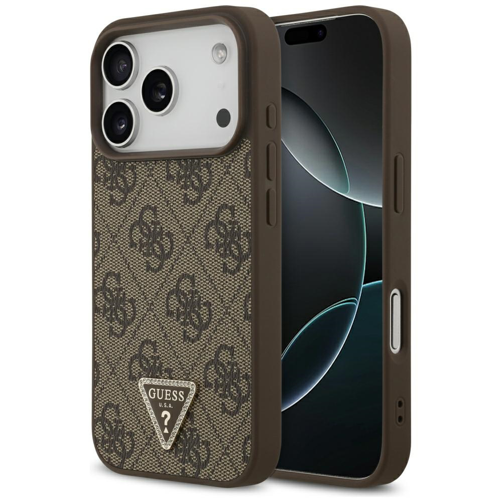 Guess – Leather 4G Triangle Strass MagSafe obal na iPhone 17 Pro – hnedý