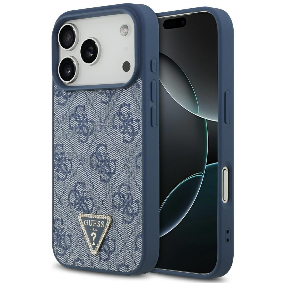 Guess – Leather 4G Triangle Strass MagSafe obal na iPhone 17 Pro – modrý