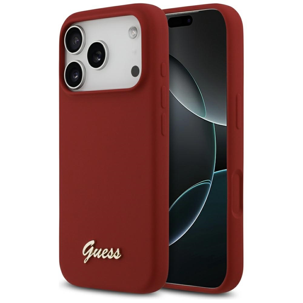 Guess – Silicone Script Metal Logo MagSafe obal na iPhone 17 Pro – červený