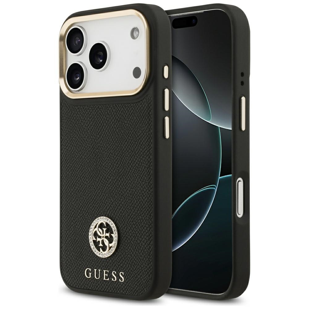 Guess – Grained Strass Logo MagSafe puzdro na iPhone 17 Pro – čierne