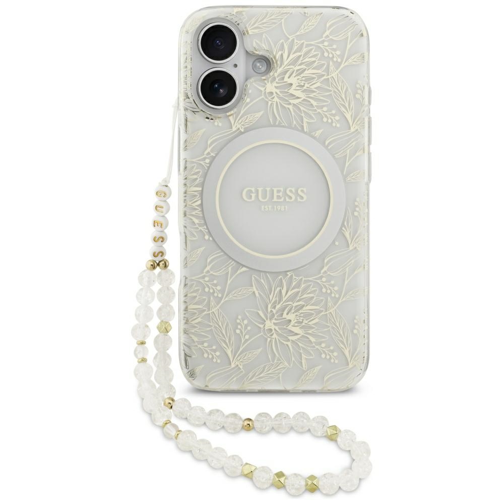 Guess – IML Flowers with Pearl Strap MagSafe obal na iPhone 17 – biely