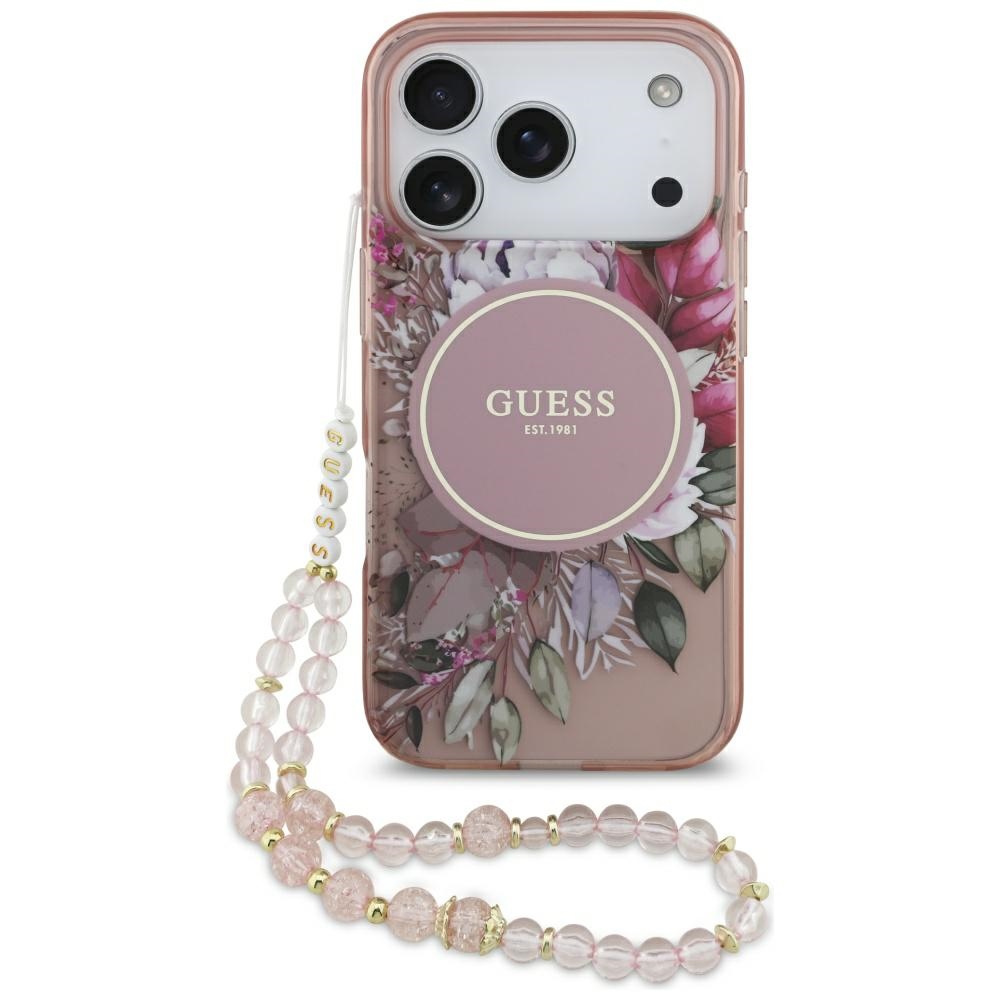 Guess – IML Flowers with Pearl Strap MagSafe obal na iPhone 17 Pro – ružový