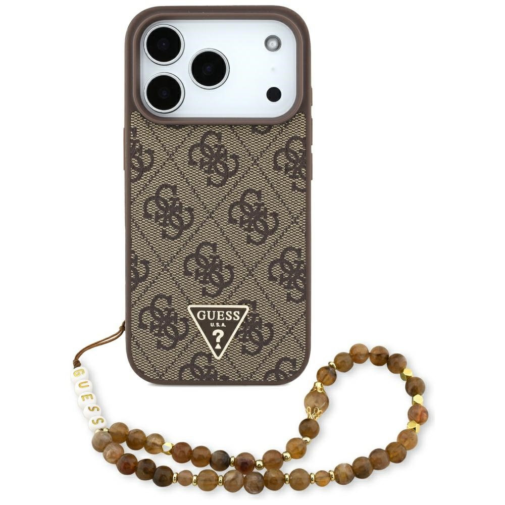 Guess – Hardcase 4G Triangle Logo MagSafe s perlovým popruhom obal na iPhone 17 Pro – hnedý