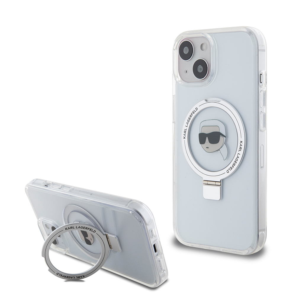 Karl Lagerfeld tvrdý obal s prstencovým stojanom MagSafe (KLHMP15SHMRSKHH) - iPhone 15 / iPhone 14 / iPhone 13 - Biela hlava Karla KF2340907