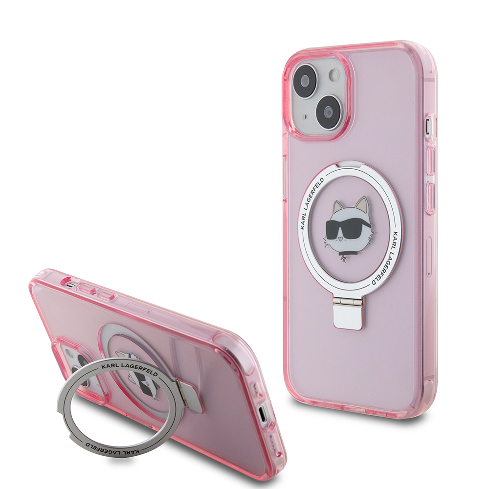 Karl Lagerfeld tvrdý obal s prstencovým stojanom MagSafe (KLHMP15SHMRSCHP) - iPhone 15 / iPhone 14 / iPhone 13 - Ružová hlava Choupette KF2340899