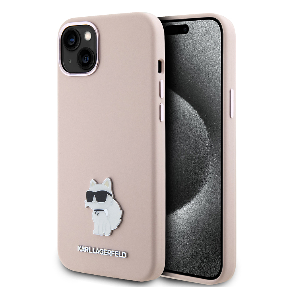 Karl Lagerfeld silikónový obal (KLHCP15SSMHCNPP) - iPhone 15 / iPhone 14 / iPhone 13 - Ružový Choupette Kovový Pin KF2339837