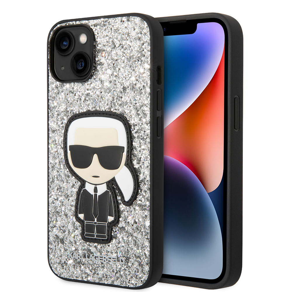 Karl Lagerfeld tvrdý obal Glitter (KLHCP14SGFKPG) - iPhone 15 / iPhone 14 / iPhone 13 - Strieborné vločky Ikonik KF2340292