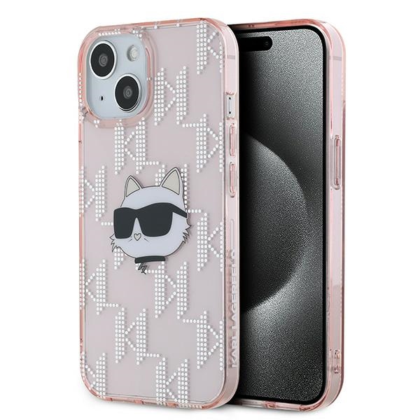 Karl Lagerfeld luxusný obal IML (KLHCP15SHKLPCHP) - iPhone 15 / iPhone 14 / iPhone 13 - Ružová hlava Choupette & Monogram KF2340370