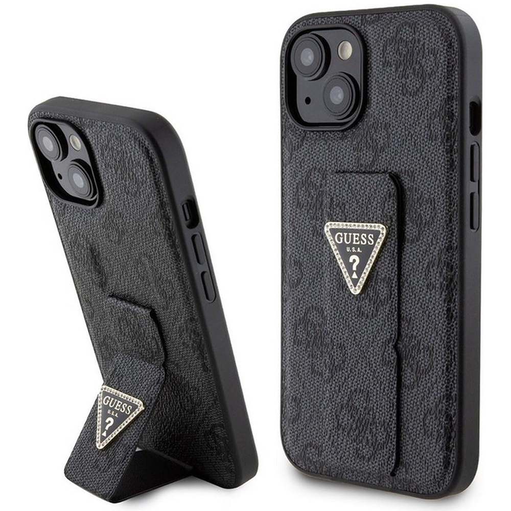 Guess Grip Stojan 4G Triangle Strass (GUHCP15SPGS4TDK) puzdro pre - iPhone 15 / iPhone 14 / iPhone 13 - Čierna KF2340043
