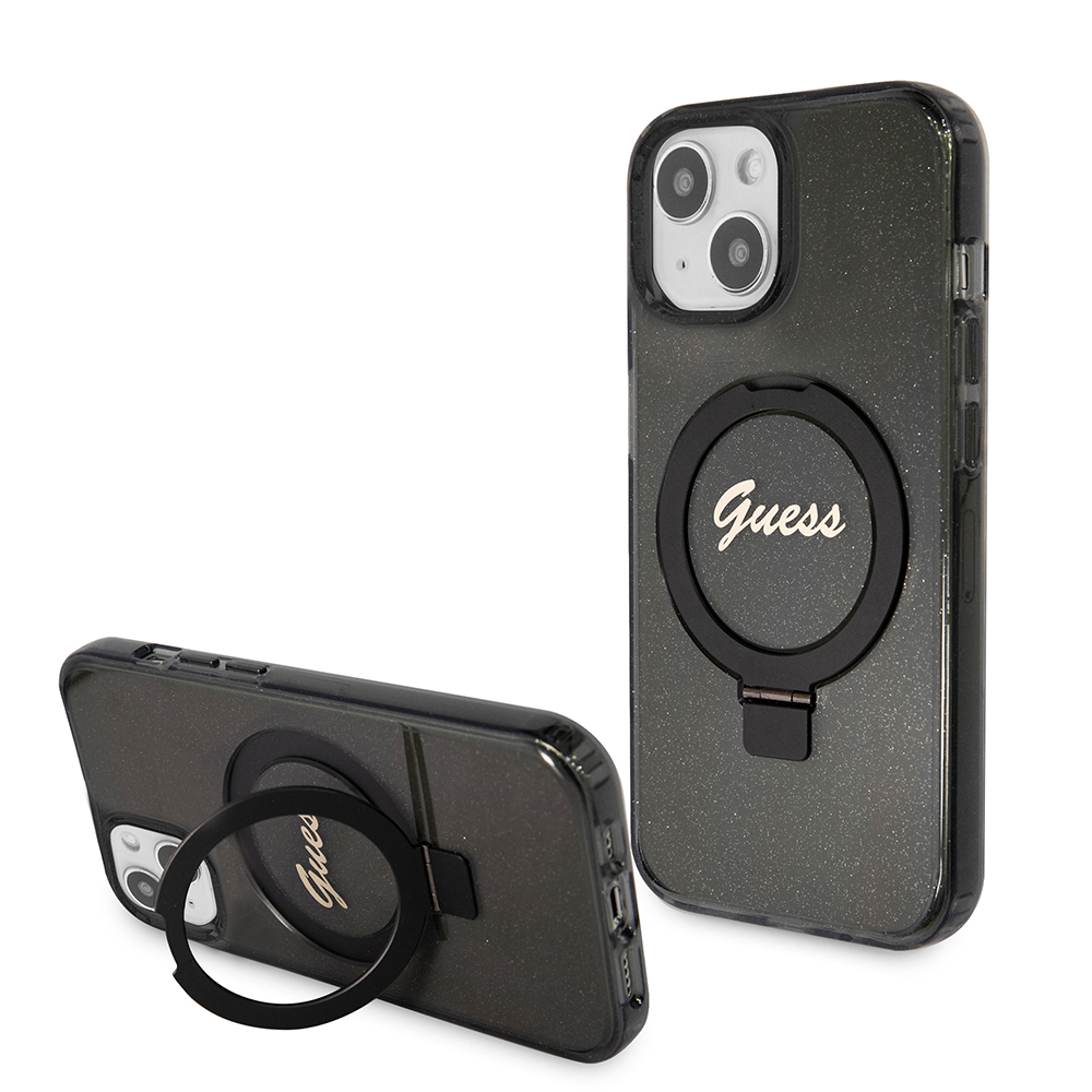 Guess Ring Stand Script Glitter MagSafe (GUHMP15SHRSGSK) puzdro pre - iPhone 15 / iPhone 14 / iPhone 13 - Čierna KF2340356