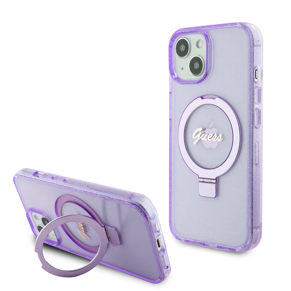 Guess Ring Stand Script Glitter MagSafe (GUHMP15SHRSGSU) puzdro pre - iPhone 15 / iPhone 14 / iPhone 13 - Fialová KF2340357