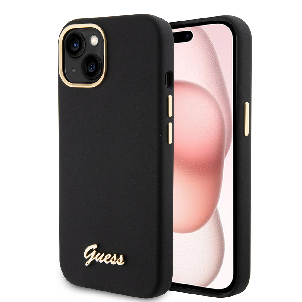 Guess Silikónový Nápis Metal Logo & Rám (GUHCP15SSMBSLK) puzdro pre - iPhone 15 / iPhone 14 / iPhone 13 - Čierna KF2339855