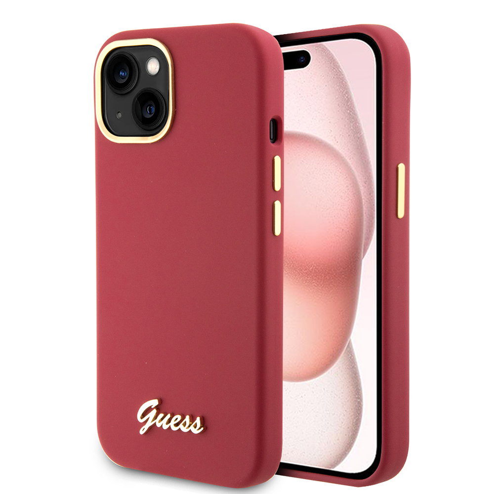 Guess Silikónový Nápis Metal Logo & Rám (GUHCP15SSMBSLM) puzdro pre - iPhone 15 / iPhone 14 / iPhone 13 - Červená KF2339856
