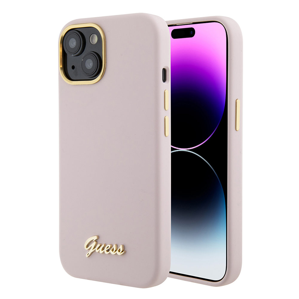 Guess Silikónový Nápis Metal Logo & Rám (GUHCP15SSMBSLP) puzdro pre - iPhone 15 / iPhone 14 / iPhone 13 - Svetloružová KF2339857