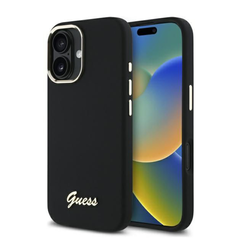 Guess Silikónový Nápis Metal Logo & Rám (GUHCP16MSMBSLK) puzdro pre - iPhone 16 Plus - Čierna KF2342155