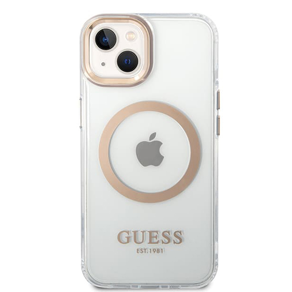 Guess kovový kryt s obrysom a MagSafe na iPhone 15 Plus (GUHMP15MHTRMD) - zlatý KF2340689