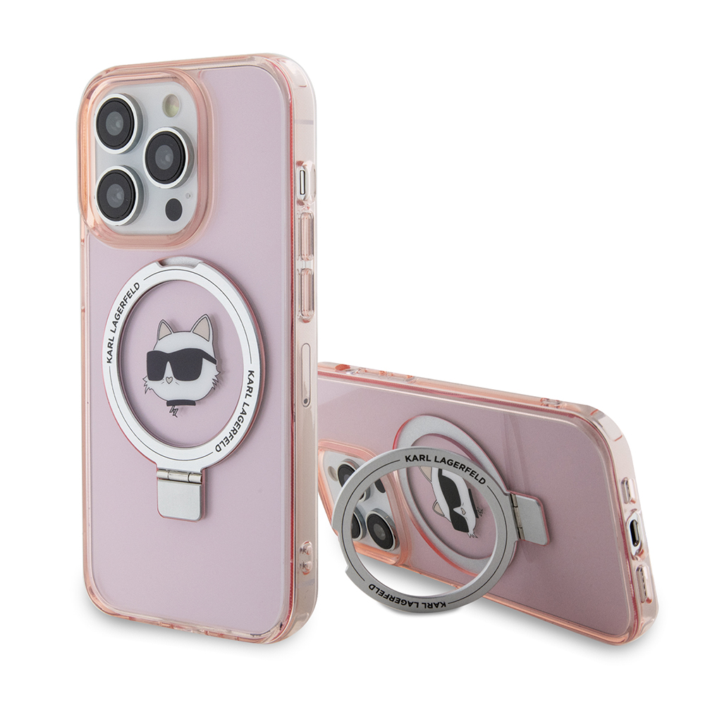 Karl Lagerfeld pevný kryt s prsteňom a MagSafe na iPhone 15 Pro (KLHMP15LHMRSCHP) - ružová Choupette Head KF2340901