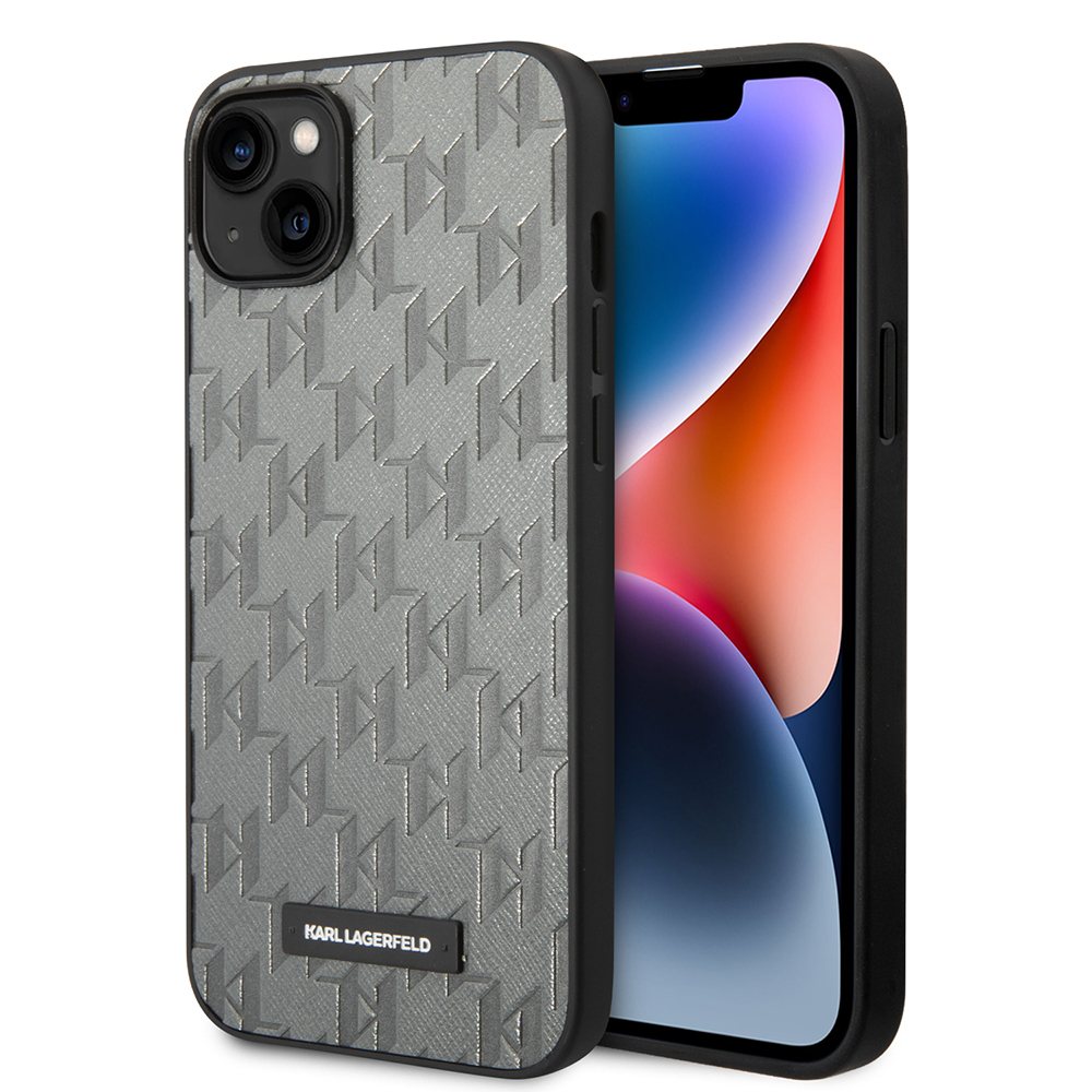 Karl Lagerfeld Saffiano kryt na iPhone 14 Plus (KLHCP14MSAKLHPG) - sivý Mono kovové logo KF2339545