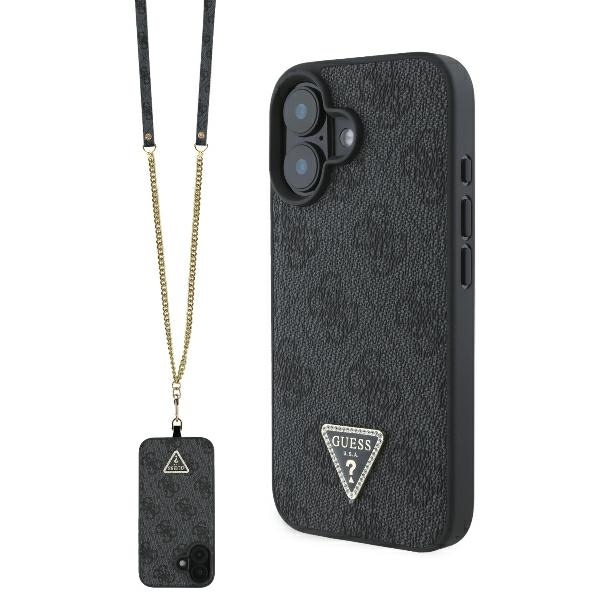 Guess kožený crossbody kryt Leather Metal Logo Strass na iPhone 16 (GUHCP16SP4TDSCPK) - čierny KF2339802
