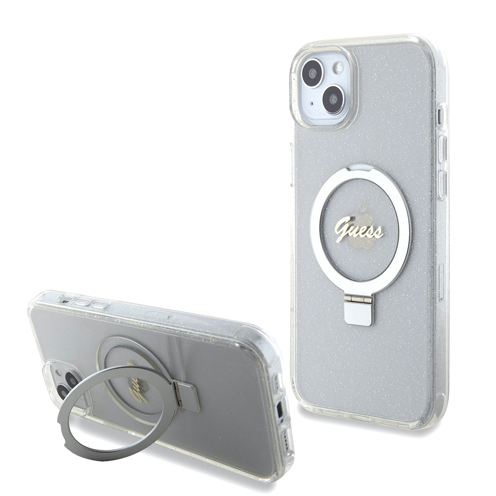 Guess krúžkový držiak Script Glitter s MagSafe na iPhone 15 Plus (GUHMP15MHRSGSD) - priehľadný KF2340355