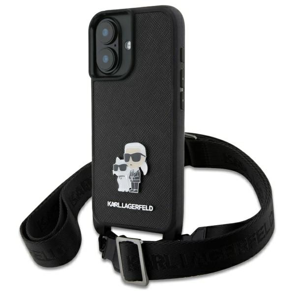 Karl Lagerfeld Saffiano crossbody kryt na iPhone 16 (KLHCP16SSAKCPBK) - kovový odznak Karl&Choupette KF2342322