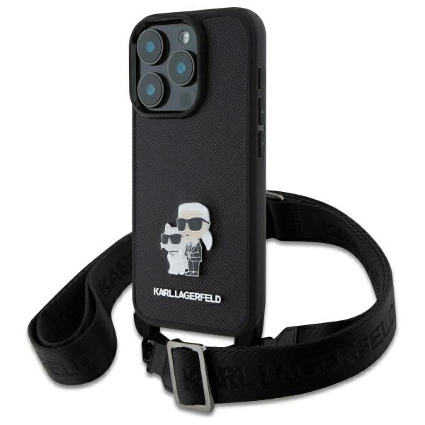 Karl Lagerfeld Saffiano crossbody kryt na iPhone 16 Pro (KLHCP16LSAKCPBK) - kovový odznak Karl&Choupette KF2342323