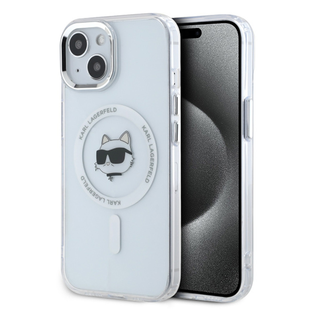 Karl Lagerfeld IML MagSafe kryt na iPhone 15 (KLHMP15SHLSCHH) - biela kovová Choupette hlava KF2343578