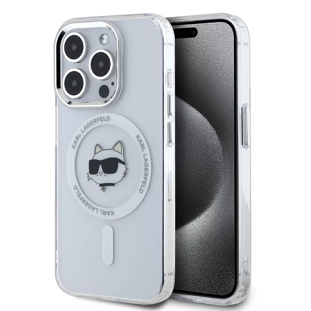 Karl Lagerfeld IML MagSafe kryt na iPhone 15 Pro (KLHMP15LHLSCHH) - biela kovová Choupette hlava KF2343579