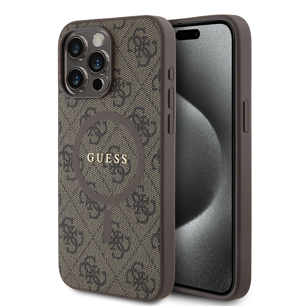 Guess 4G kolekcia kožený kryt na iPhone 15 Pro Max s MagSafe (GUHMP15XG4GFRW) - hnedý KF2340280