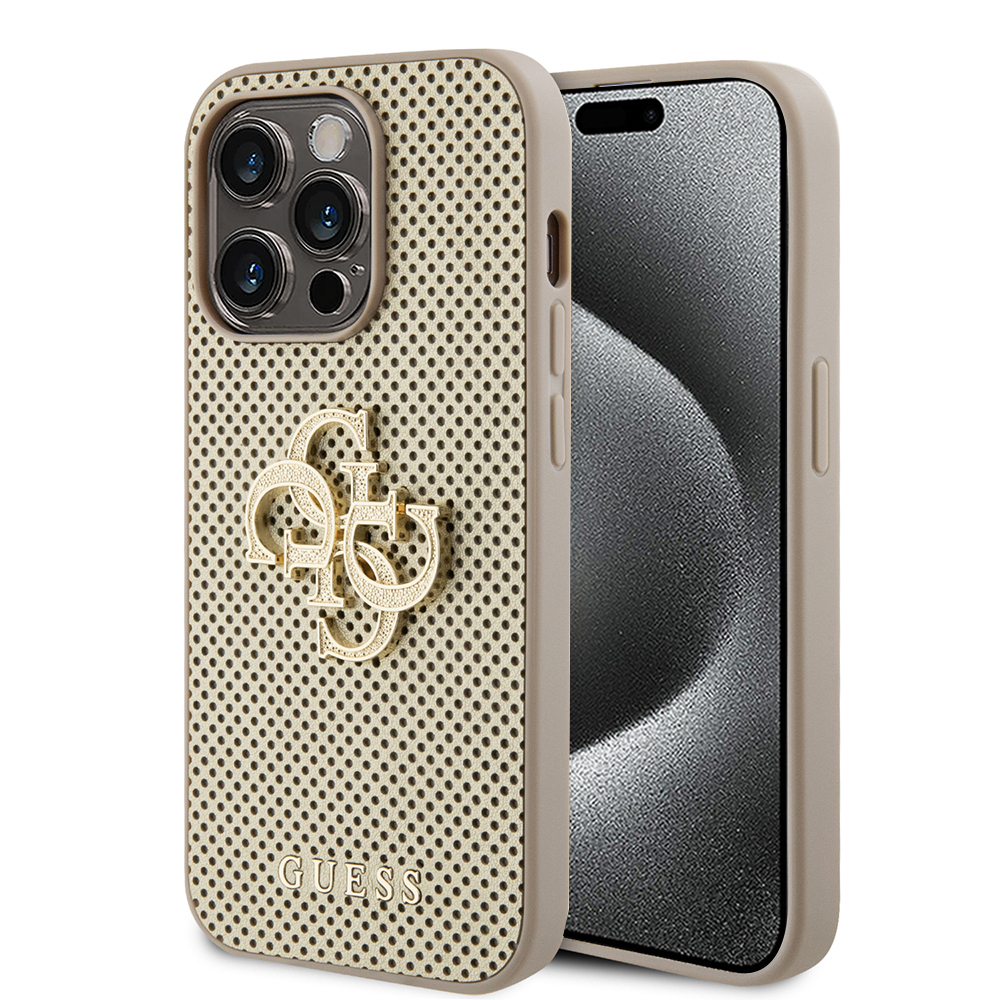 Guess kožený perforovaný kryt 4G na iPhone 15 Pro (GUHCP15LPSP4LGD) - zlatý KF2340203