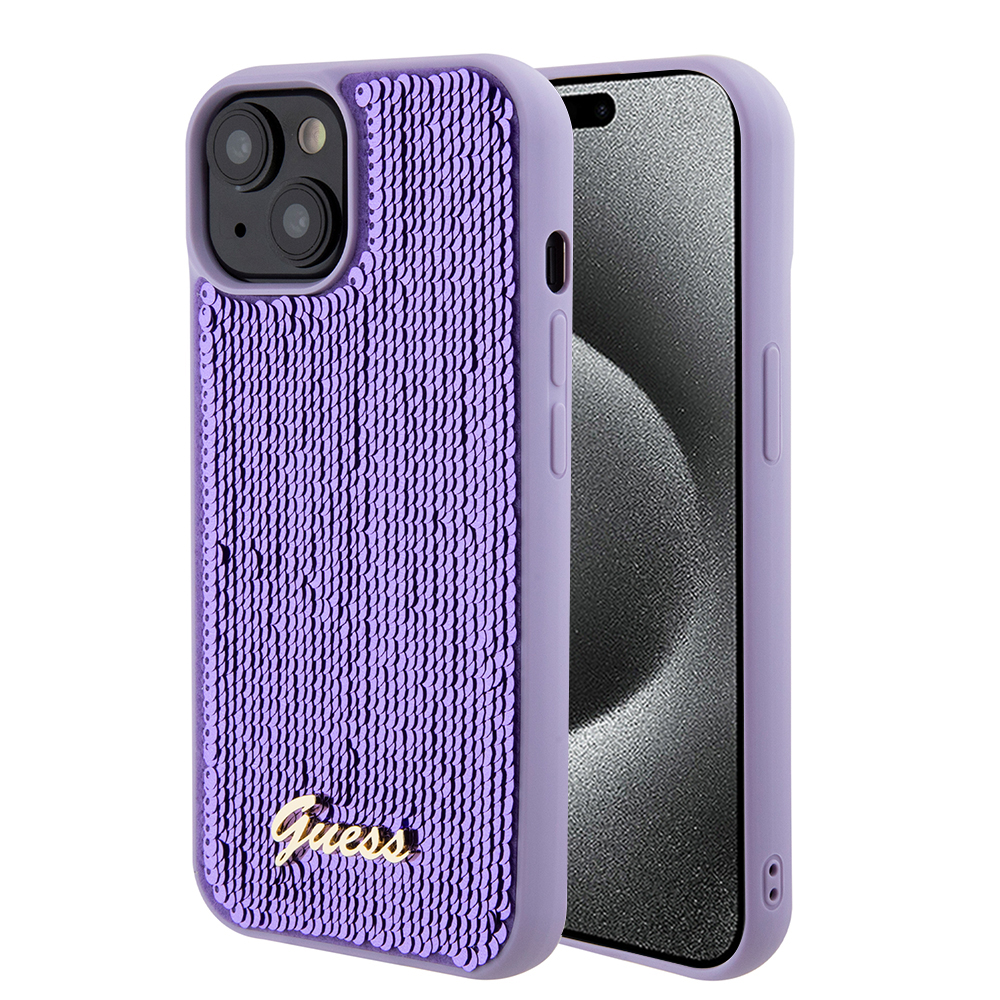 Guess Sequin Script Metal kryt na iPhone 15 (GUHCP15SPSFDGSU) - fialový KF2340175