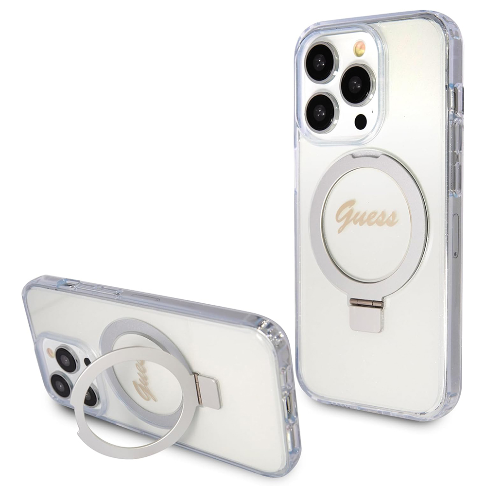 Guess krúžkový držiak Script Glitter s MagSafe na iPhone 15 Pro Max (GUHMP15XHRSGSD) - priehľadný KF2340364