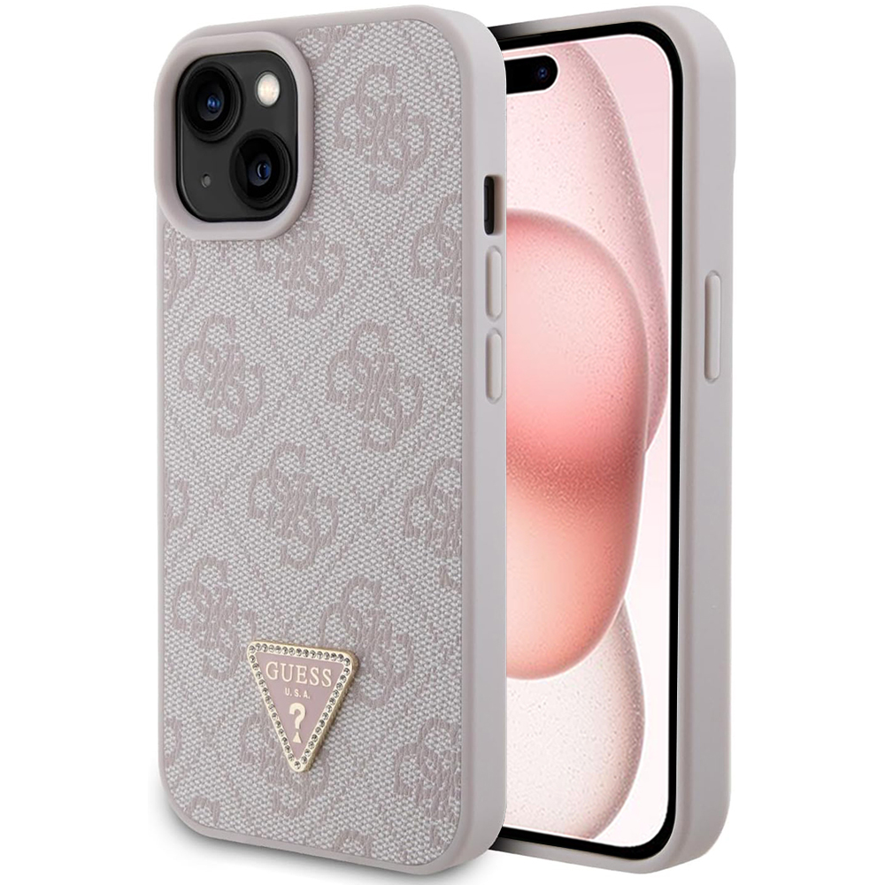 Guess kožený kryt 4G Triangle Strass na iPhone 15 (GUHCP15SP4TDPP) - ružový KF2339744