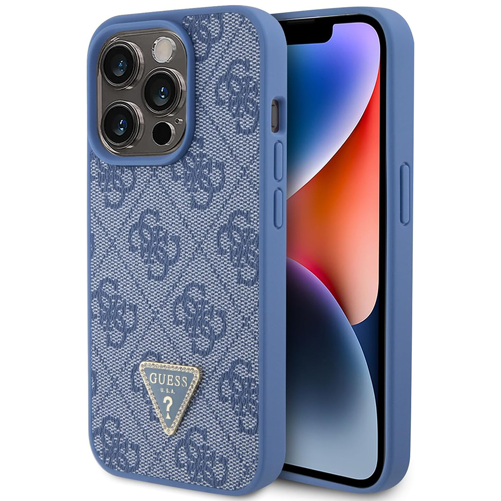 Guess kožený kryt 4G Triangle Strass na iPhone 15 Pro (GUHCP15LP4TDPB) - modrý KF2339743