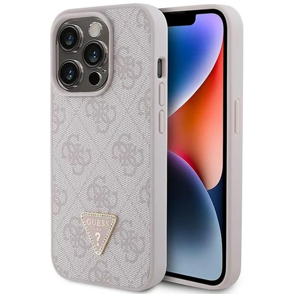 Guess kožený kryt 4G Triangle Strass na iPhone 15 Pro (GUHCP15LP4TDPP) - ružový KF2339741