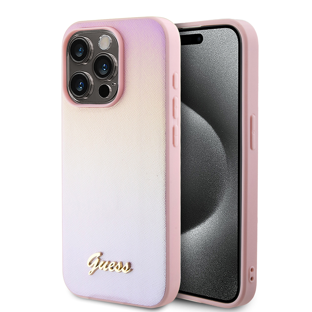Guess Saffiano dúhový nápis kryt na iPhone 15 Pro Max (GUHCP15XPSAIRSP) - ružový KF2340159