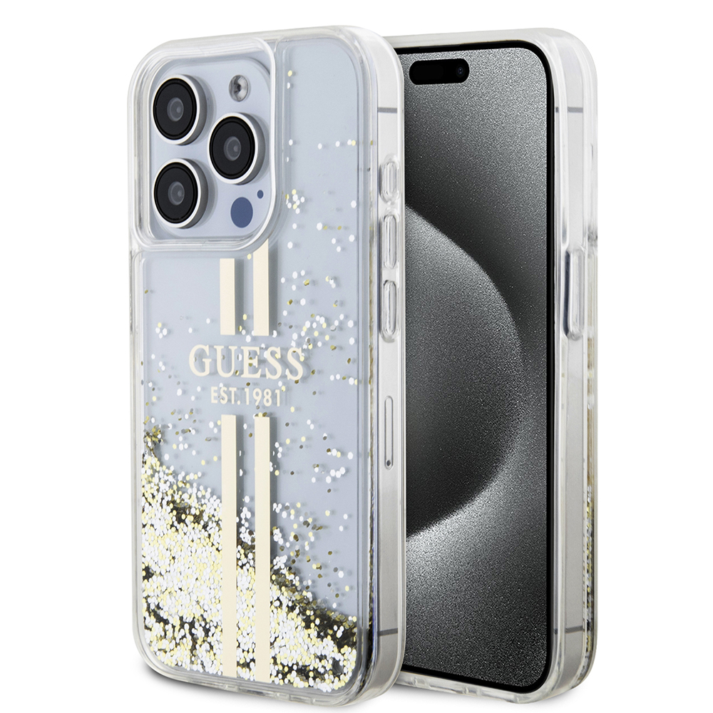 Guess trblietavý kryt so zlatými pruhmi a tekutinou na iPhone 15 Pro Max (GUHCP15XLFCSEGT) - priehľadný KF2339939
