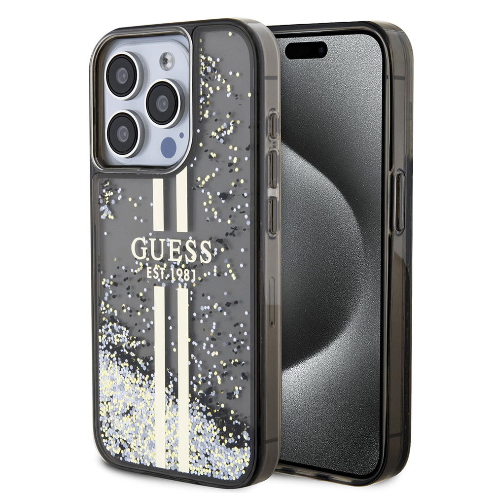 Guess trblietavý kryt so zlatými pruhmi a tekutinou na iPhone 15 Pro Max (GUHCP15XLFCSEGK) - čierny KF2339937