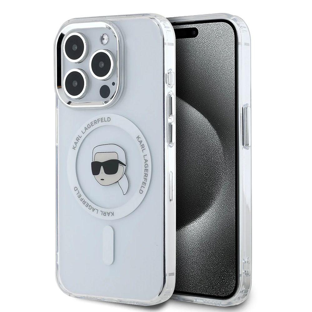 Karl Lagerfeld IML MagSafe kryt na iPhone 16 Pro Max (KLHMP16XHLSKIH) - biela kovová Karl hlava KF2340846