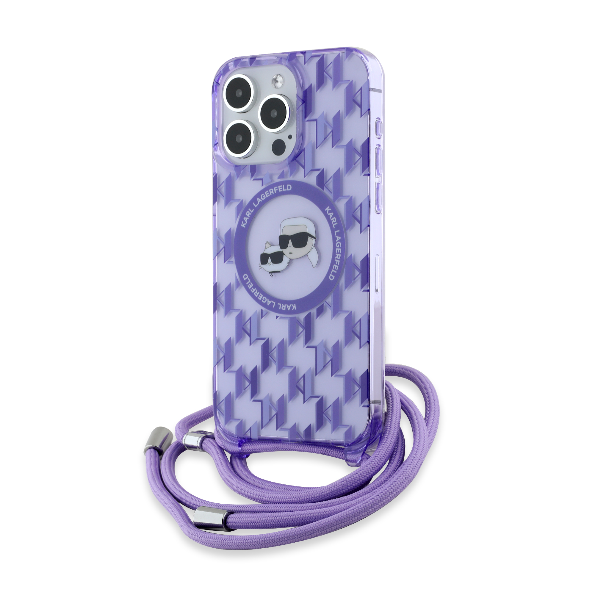 Karl Lagerfeld IML MagSafe Crossbody kryt na iPhone 15 Pro (KLHMP15LHCKCKLCU) - fialový Monogram Karl&Choupette hlava KF2340748