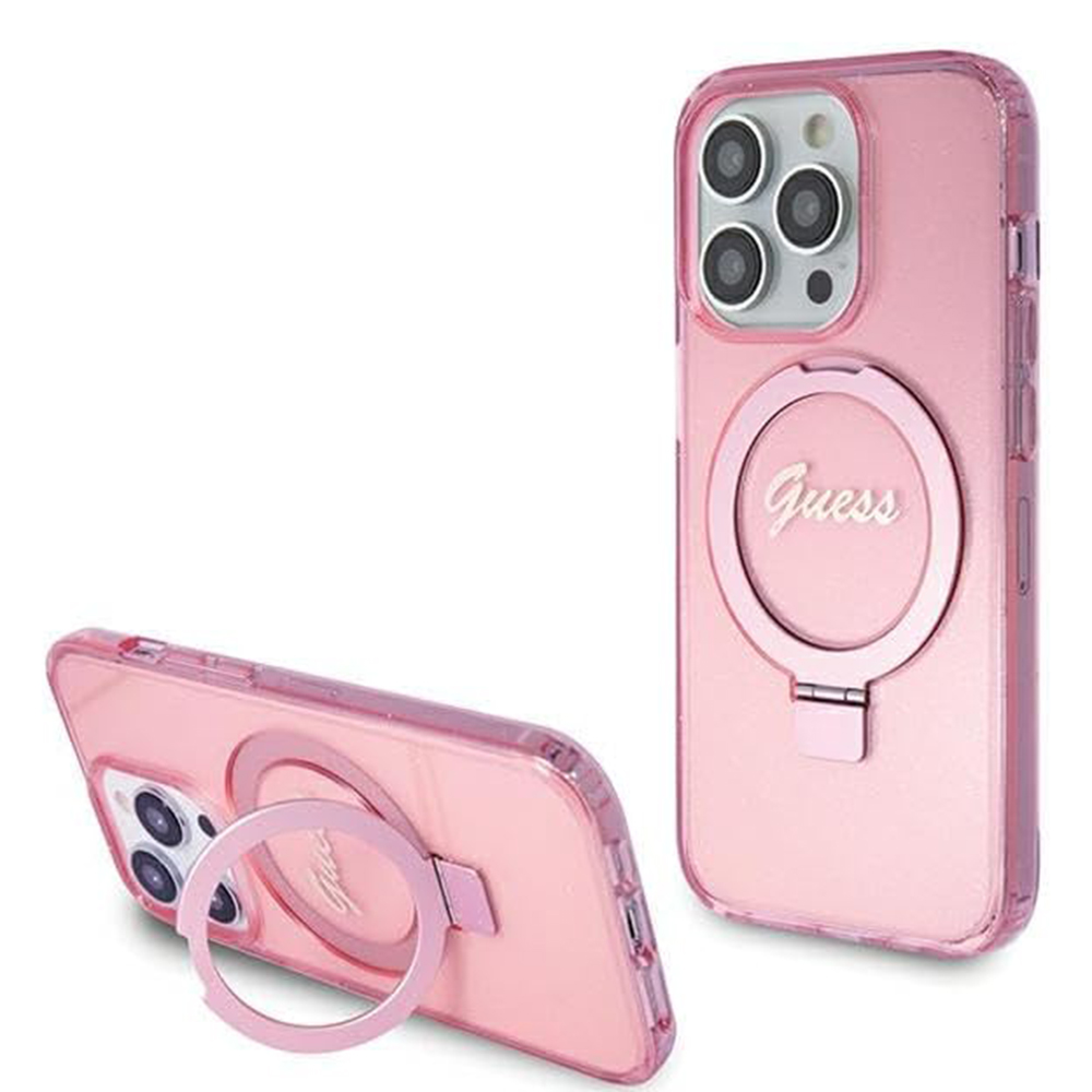Guess krúžkový držiak Script Glitter s MagSafe na iPhone 15 Pro (GUHMP15LHRSGSP) - ružový KF2340350